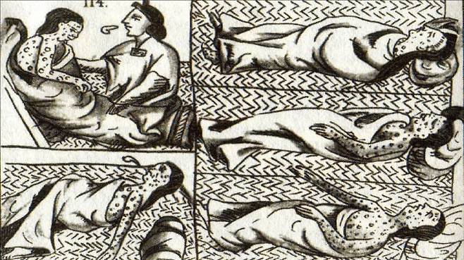 아메리카대륙의 원주민은 유럽의 침략자들이 가져온 천연두 같은 전염병에 대항할 면역력이 없어 속수무책으로 죽어 나갔다. 그림은 천연두가 창궐한 아즈텍제국을 묘사한 16세기 역사서 속 삽화.