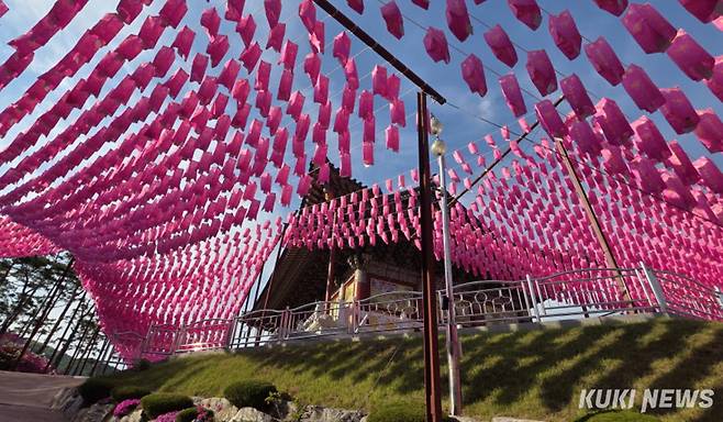 부처님오신날을 사흘 앞둔 3일 강원 춘천시 현지사에 화려한 봉축등이 설치되어 있다.