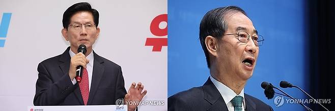 김문수 국민의힘 대선 후보와 대선 출마를 선언한 한덕수 전 국무총리. 연합뉴스