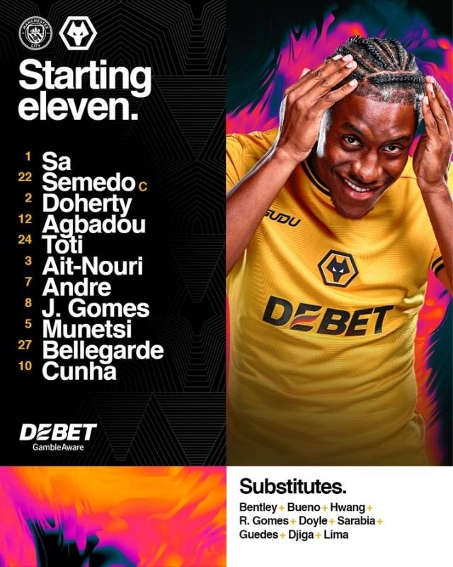 울버햄튼은 골키퍼 사를 시작으로 도허티-아그바두-토티 고메스-세메두-고메스-안드레-아이트 누리-무네치-벨가르드-쿠냐가 선발 출전했다. 사진=울버햄튼 SNS