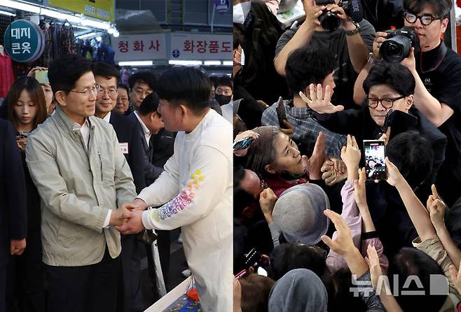 [대전·대구=뉴시스] 고승민·이무열 기자 = 국민의힘 대선 경선 김문수(가나다순, 왼쪽 사진), 한동훈 후보가 1일 각각 대전중앙시장과 대구 서문시장을 방문, 상인·시민과 인사를 나누고 있다. 2025.05.01. photo@newsis.com