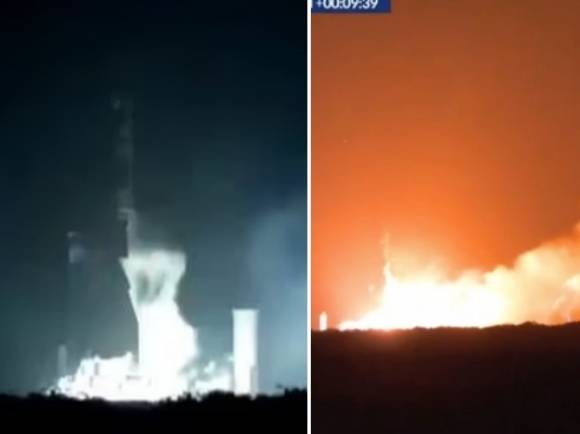 미국 현지시간으로 1일 일론 머스크가 이끄는 스페이스X의 로켓이 시험 중 대폭발하는 모습. 스페이스X 생중계 영상 캡처