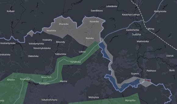 4월 29일(현지시간) 우크라이나 수미 지역 주지사 올레흐 흐리호로프는 러시아의 공격으로 4개 국경 마을이 ‘회색 지대’에 들어섰다며, 러시아군이 완충 지대를 조성하려고 한다고 밝혔다. 사진은 현재 수미 지역에 형성된 회색지대를 보여주는 지도. 2025.5.3 텔레그램
