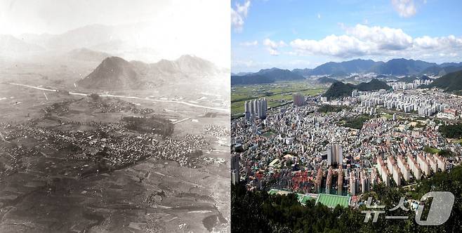 김해 분성산에서 촬영한 김해 시가지 전경.(왼쪽 1995년 시군 통합 이전, 오른쪽 최근 모습. 김해시 제공. 재판매 및 DB금지)
