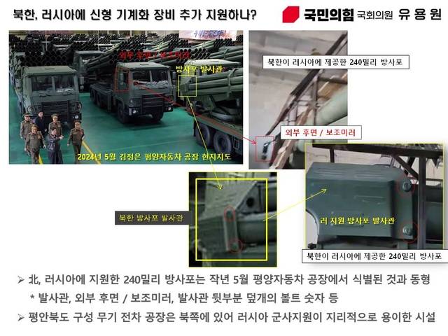 4일 공개된 평안북도 구성무기 전차공장 신설 시설에 포착된 600mm 초대형방사포, 북판한 K9 자주포 등 신형 기계화 장비가 포착됐다. 유용원 국민의 힘 의원은 이들 신형 무기를 러시아에 추가 지원할 가능성을 배제할 수 없다고 분석했다. 유용원 의원실 제공