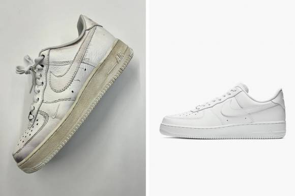 나이키 에어포스 1 로우의 ‘더티 트리플 화이트’(왼쪽)와 기존 ‘트리플 화이트’ 모델. 출처=브렌든 던 엑스, 나이키