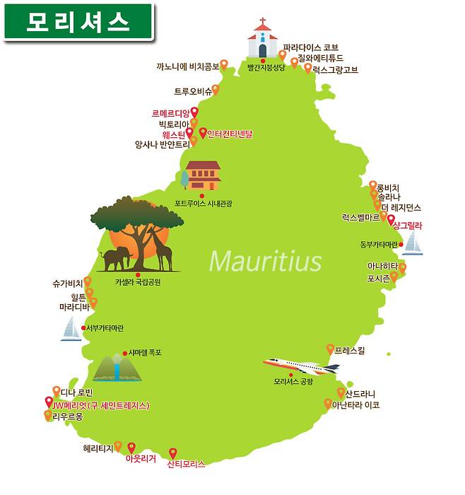 동서남북별로 다양한 특급 호텔이 위치한 모리셔스 지도. 사진제공|팜투어