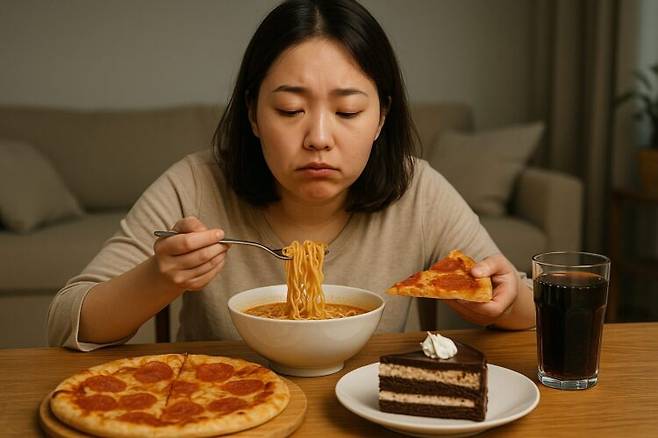 연휴 동안 정신 놓고 먹은 음식이 후회된다면, 아직 늦지 않았다. 폭식 후 부어 보이거나 체중이 늘었다 해도, 대부분은 아직 '붓기'일 가능성이 크다.[사진=AI이용해 생성]