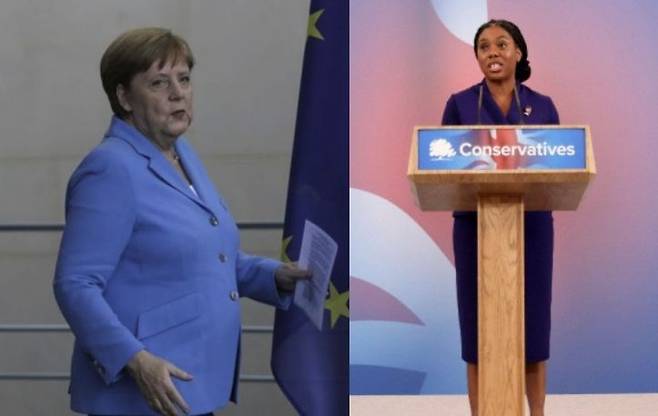 앙겔라 메르켈 전 독일 총리(왼쪽)와 케미 베이드녹 영국 보수당 대표. AP연합뉴스, EPA연합뉴스