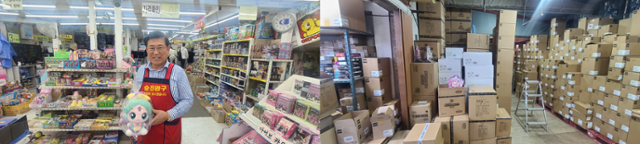 서울 창신동 완구·문구거리 터줏대감인 송동호(왼쪽) 승진완구 대표가 캐치! 티니핑 캐릭터를 들고 있는 모습. 오른쪽 사진은 어린이날을 앞두고 확보한 티니핑 완구 재고. 박경담 기자