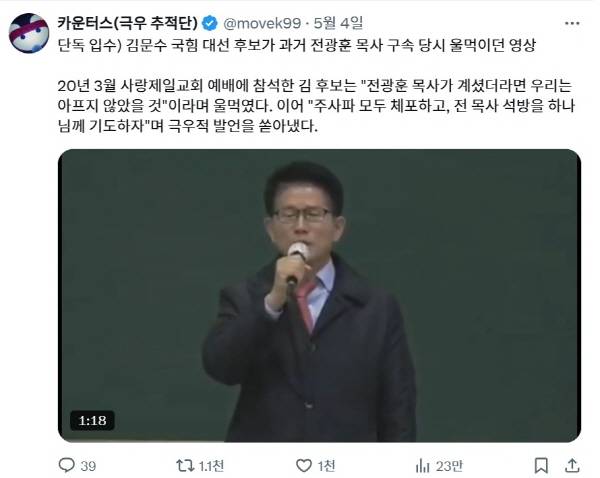 ▲ 극우추적단 카운터스가 4일 공개한 김문수 후보의 과거 영상. 엑스 갈무리