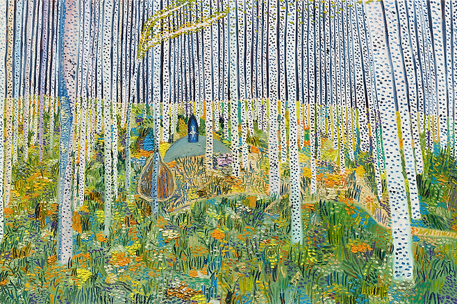 매튜 웡의 고향인 캐나다 에드먼튼은 자작나무가 많은 곳이었다. 이 자작나무 그림은 클림트의 영향을 받았는데, 클림트의 도시에서 시민들을 만나게 됐다. Matthew Wong [The Kingdom], 2017 ©The Albertina Museum