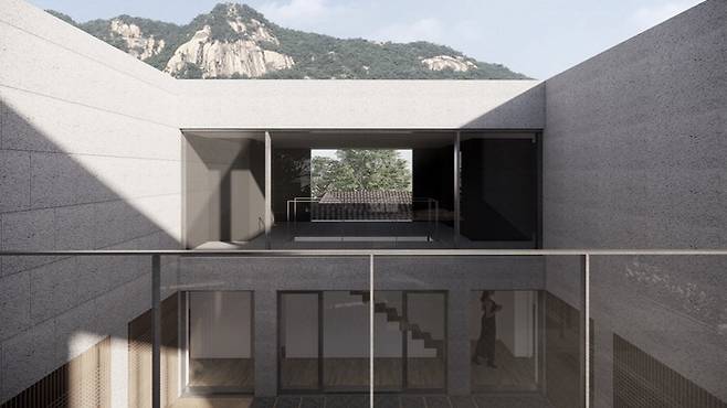 '김창열 화가의 집' 회랑에서 바라본 북악산 방향의 조감도. 김창열 화백 가족들이 거의 사용하지 않던 회랑을 살려 주 관람동선으로 만들었다.  플랫폼아키텍처