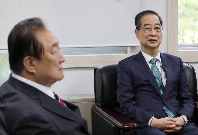 3일 서울 여의도 국회 헌정기념관을 찾은 한덕수 전 국무총리가 발언하고 있다. 연합뉴스