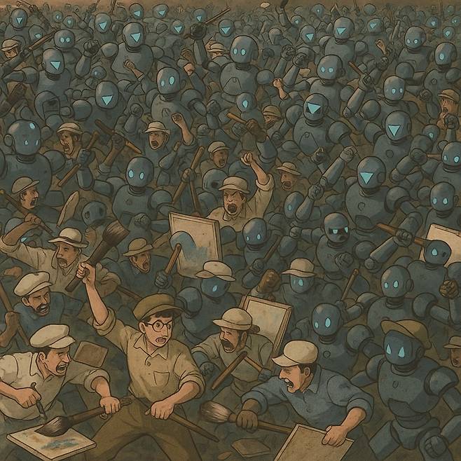 화가와 AI가 충돌하는 지브리 스타일 이미지.[사진 | AI 생성 이미지]