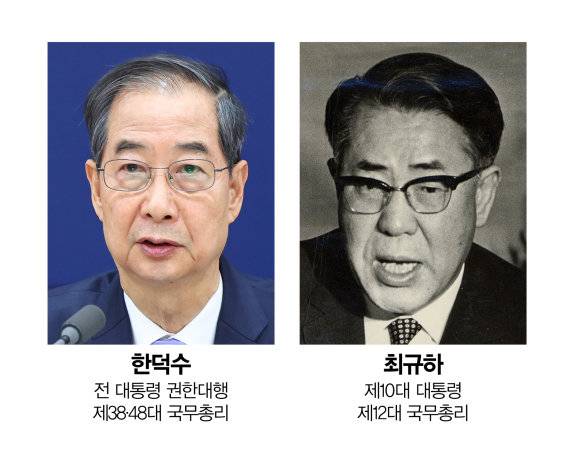 제21대 대통령 선거에 출마한 경기고등학교 63회 졸업생 한덕수 전 국무총리(왼쪽)와 경기고 33회 졸업생 최규하 전 대통령. 동아DB, 뉴시스.