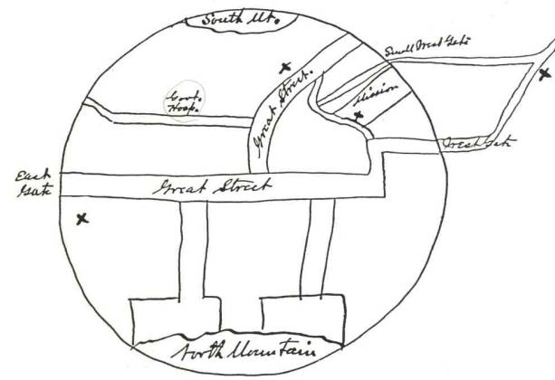 윌리엄 스크랜턴 선교사가 1889년 그린 3대문 진료소 지도. 지도에 X자로 표시된 곳이 진료소의 위치다. 왼쪽에 표기된 X는 제중원의 위치이며, 오른쪽에는 남대문 진료소, 애오개 진료소, 동대문 진료소에 대한 계획이 지도에 드러나있다. 옥 교수 제공