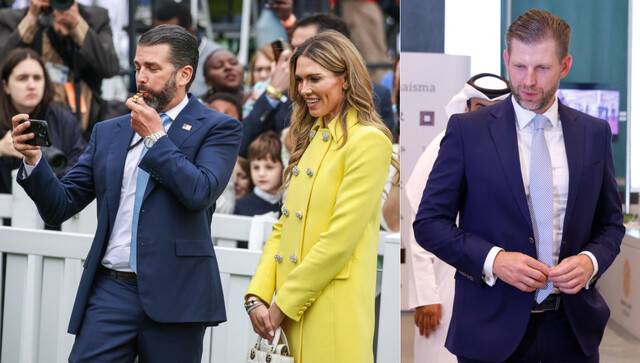 도널드 트럼프 미국 대통령의 장남 트럼프 주니어가 지난달 21일(현지시간) 백악관 사우스론에서 열린 부활절 달걀 굴리기 행사에 여자친구 베티나 앤더슨과 함께 참석해 호루라기를 불고 있다. 오른쪽 사진은 지난달 30일 트럼프 가족 기업의 골프장·빌라 건설 계약을 체결하기 위해 카타르 도하를 방문한 차남 에릭. UPIAFP연합뉴스