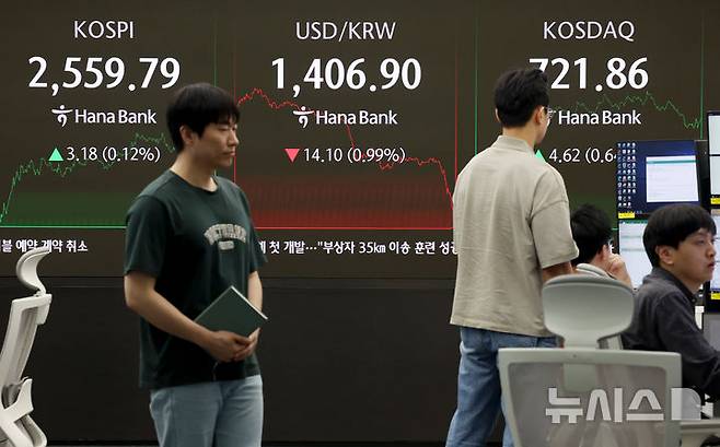 [서울=뉴시스] 김진아 기자 = 2일 서울 중구 하나은행 딜링룸에서 딜러들이 업무를 보고 있다. 서울 외환시장에서 원·달러 환율은 전 거래일 주간 거래 종가(1421원)보다 15.7원 내린 1405.3원에 주간 거래를 마쳤다. 2025.05.02. bluesoda@newsis.com