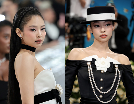 2023년 5월 1일 열린 ‘멧 갈라’(왼쪽사진)와 5일(현지시각) 미국 뉴욕에서 열린 ‘2025 멧 갈라’에서 샤넬 드레스를 입고 등장한 제니. 게티이미지