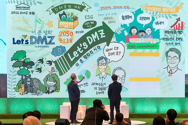 지난 2022년 9월&nbsp;16일 오전 킨텍스 제1전시장 3층 그랜드볼룸에서 열린 2022 DMZ 포럼 개회식에서 김동연 경기도지사와 최재천 Let's DMZ 조직위원회 공동위원장이 기조 대담을 마치고 대담 내용을 그림으로 그려 보다 쉽게 전달한 그래픽 기록을 보고 있다. 사진=경기도