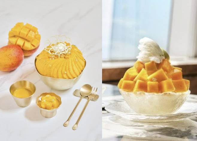 (왼쪽부터)  포시즌스호텔 서울 망고 빙수. 시그니엘 서울 망고 빙수. (사진=뉴스1, 뉴시스)