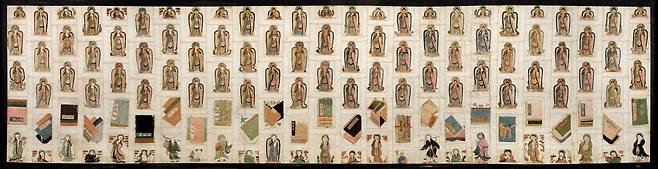 보물 ‘자수 가사’. 19세기 제작. 흰색 비단 바탕에 부처와 보살, 불교 경전, 부처의 제자인 존자들을 오색실로 정교하게 수놓았다. 가로 244㎝, 세로 65㎝. /서울공예박물관