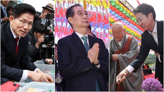 김문수 국민의힘 대통령 후보가 5일 서울 종로구 광화문광장육조마당에서 열린 가족 동행 축제 '펀펀한 광화문광장'을 방문해 어린이들과 블럭 모자를 만들고 있다. 5일 서울 종로구 조계사에서 부처님오신날 봉축법요식에 참석한 한덕수 무소속 대선 예비후보  합장하고 있다. 이준석 개혁신당 대선후보(오른쪽)가 5일 오전 대구 동구 동화사 통일대불광장에서 열린 불기 2569년 부처님 오신 날 봉축대법회에 참석해 의현 스님과 관불 의식을 하고 있다(왼쪽부터).