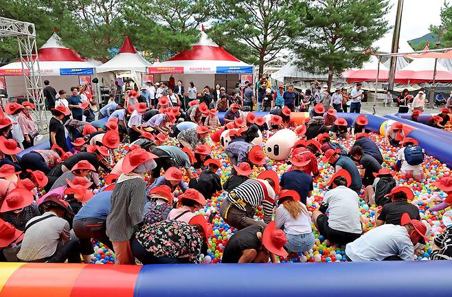 작년 8월 괴산 유기농엑스포광장 일원에서 열린 고추축제에서 주민과 관광객들이 황금고추를 찿고 있는 모습 사진=괴산군 제공