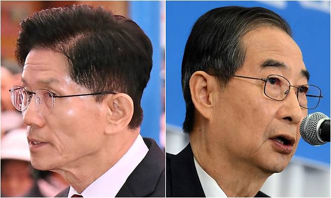 김문수 국민의힘 대통령 후보(왼쪽)와 한덕수 무소속 후보. 연합뉴스
