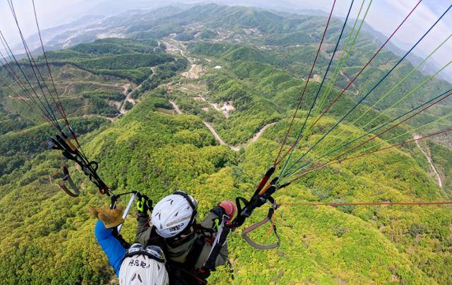 경기 양평군 유명산 패러글라이딩 활공장에서 이륙한 패러글라이더가 비행하고 있다.