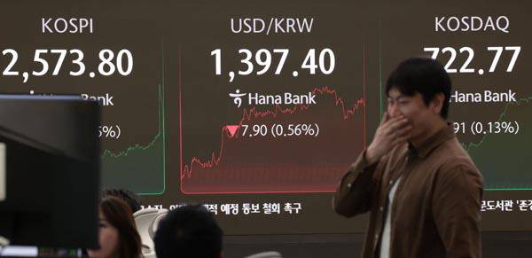 7일 서울 중구 하나은행 딜링룸 현황판에 코스피 지수 등이 표시되고 있다. 연합뉴스