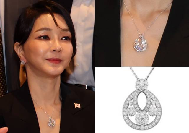 2022년 6월 스페인 동포간담회 참석한 윤석열 대통령 부인 김건희 여사. 오른쪽 아래 사진은 그가 착용한 ‘반 클리프 앤 아펠’ 추정 목걸이. 연합뉴스, ‘반 클리프 앤 아펠’ 홈페이지 캡처