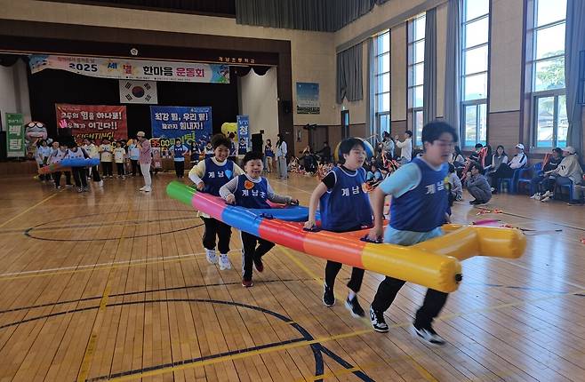 7일 장수 계남초교 체육관에서 열린 계남초‧계북초‧천천초교 등 3개 학교의 ‘세별 한마당운동회’에서 참가자들이 사다리 모형을 이용해 즐거운 게임을 하고 있다. 천천초등학교 제공.
