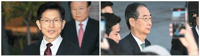 김문수 국민의힘 대선 후보가 7일 한덕수 무소속 대선 예비후보와 후보 단일화 관련 회동이 끝난 후 취재진의 질문에 대답하고 있다(왼쪽). 한덕수 무소속 대선 예비후보도 단일화 관련 회동을 마친 후 회동 장소를 떠나고 있다.   김호영 기자