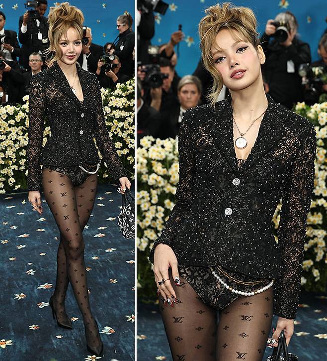 그룹 블랙핑크 리사가 '2025 멧 갈라'에서 파격적인 란제리 패션을 선보인 가운데, 의상에 놓인 자수로 논란의 중심에 섰다./AFPBBNews=뉴스1