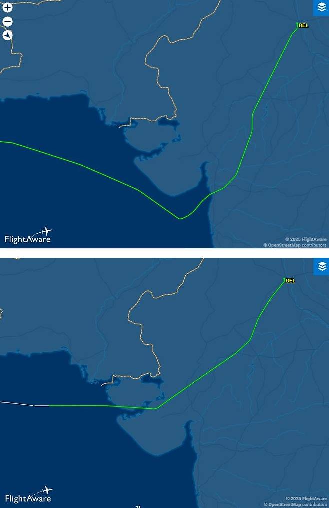 우회로 택한 항공궤적 인도 뉴델리에서 출발해 독일 프랑크푸르트로 가는 루프트한자 LH761편의 항로 궤적. 7일 기록된 위쪽 사진과 달리 전날의 6일 궤적은 파키스탄 국경 쪽으로 붙어서 운항했다. [플라이트어웨어 캡처. 재판매 및 DB 금지