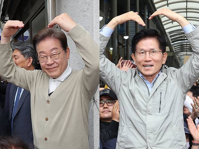 지난 6일 현장유세에 나선 이재명 더불어민주당 대선 후보(왼쪽)와 김문수 국민의힘 대선 후보(오른쪽)가 지지자들에게 손하트를 만들어 보이고 있다. 연합뉴스