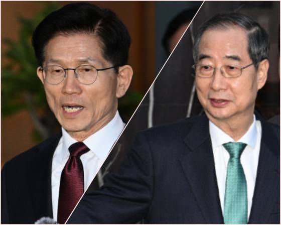 어제(7일) 서울 종로구의 한 식당에서 단일화 관련 회동을 한 뒤 기자회견을 하는 김문수 국민의힘 대선 후보(왼쪽)와 자리를 떠나는 한덕수 무소속 대선 예비후보의 모습. 회동은 합의된 사항 없이 끝났다. 〈사진=공동취재, 연합뉴스〉