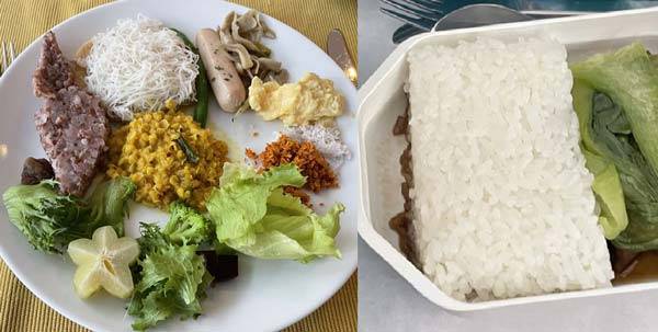 스리랑카에서 먹은 음식이다. 사진에서 볼 수 있듯 팥밥이 주식이다. 오른쪽 사진은 기내식으로 나온 키리 바트./사진=이슬비 기자