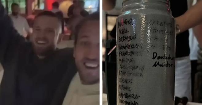 에릭 다이어와 해리 케인이 우승 파티를 즐기는 모습. 오른쪽은 다이어의 물병. 사진=트리뷰나