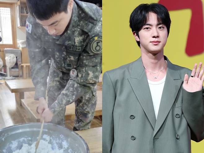 BTS’s Jin, left, makes traditional Korean liquor in a photo uploaded to Park Rok-dam’s Facebook. [SCREEN CAPTURE]