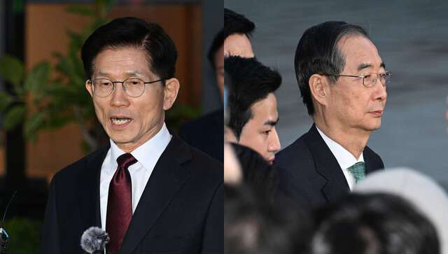 김문수 국민의힘 대선 후보가 7일 한덕수 무소속 대선 예비후보와 단일화 회동을 마친 뒤 기자들 질문에 답하고 있다. 오른쪽 사진은 빈손 회동 후 식당을 나서고 있는 한 후보 모습. 이병주 기자