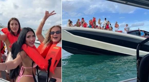 미국 마이애미 비치 근처에서 요트를 타고 있는 비키니 차림의 인플루언서들(왼쪽 사진)이 요트가 침몰하는 위기 상황에도 셀카 찍고 있다. 인스타그램 엑스