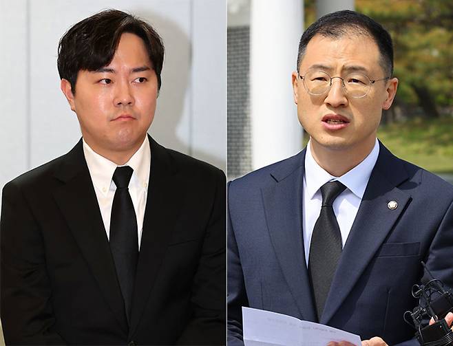 고(故) 김영삼 전 대통령의 손자인 김인규 전 대통령실 행정관(왼쪽)과 8일 국민의힘을 탈당한 김상욱 의원. [뉴시스]