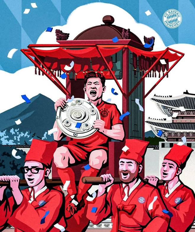 우승 트로피를 들고 꽃가마를 탄 김민재. 바이에른 뮌헨 SNS 캡처