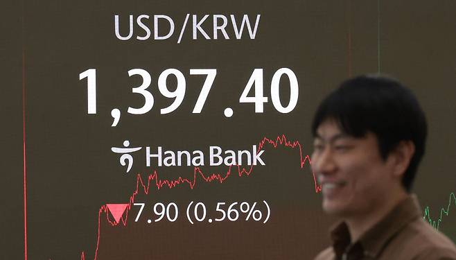 7일 서울 중구 하나은행 딜링룸 현황판에 원/달러 환율 지수 등이 표시되고 있다.&nbsp; &nbsp;연합뉴스
