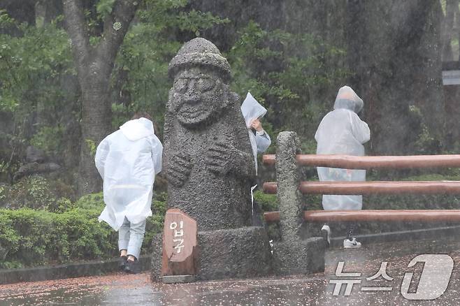 제주 대부분 지역에 호우특보가 내려진 9일 오전 제주시 봉개동 절물자연휴양림에 많은 비가 내려 탐방객이 급히 발걸음을 옮기고 있다. 2025.5.9/뉴스1 ⓒ News1 오현지 기자