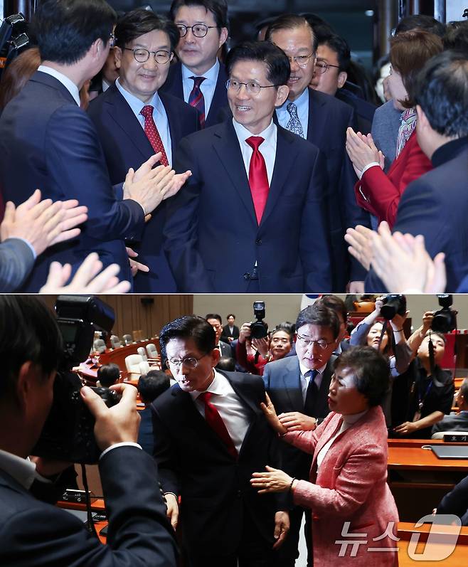 김문수 국민의힘 대통령 후보가 9일 서울 여의도 국회에서 권영세 비대위원장, 권성동 원내대표와 의원총회에 입장하며 박수를 받는 모습(위)과 김 후보가 지도부를 향해 "무소속을 당 후보 만들려 불법부당 수단 동원, 중단하라＂며 입장을 밝힌 뒤 의총장을 떠나자 의원들이 붙잡는 모습. 2025.5.9/뉴스1 ⓒ News1 김민지 기자,안은나 기자