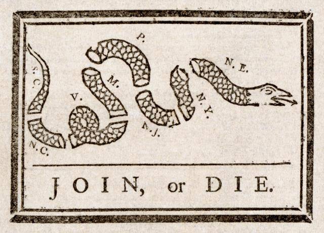 신문 카툰의 원조로 꼽히는 벤저민 프랭클린의 1975년 작품 'Join, or Die'. 위키피디아